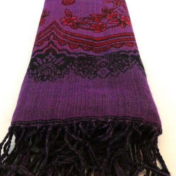 Silk Cashmere Scarf Pashmina Red Purple Thailand Embossed Elephant Good Luck NWT - Picture 6 of 7